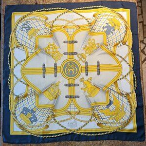 Vintage Hermes Grande Tenue Silk Scarf Blues and Golden Yellow